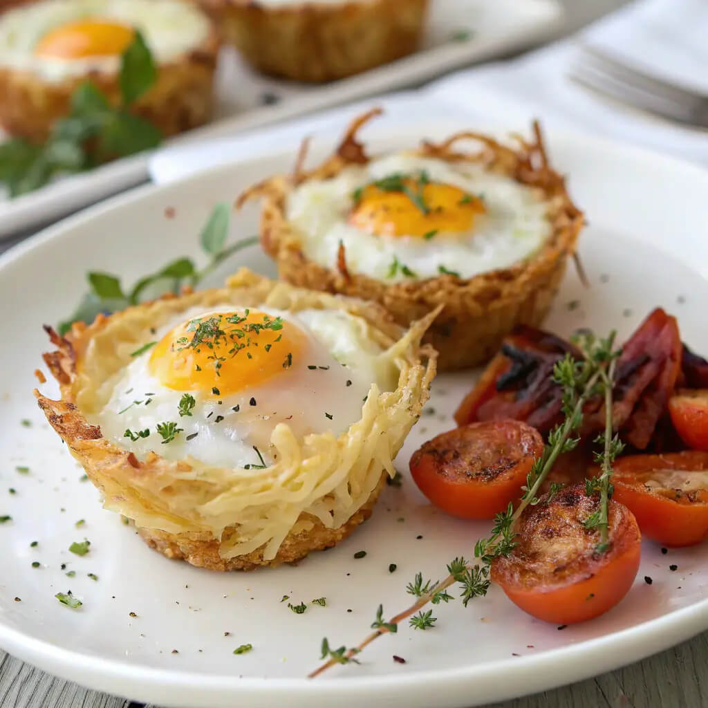 eggs in crispy hash brown baskets