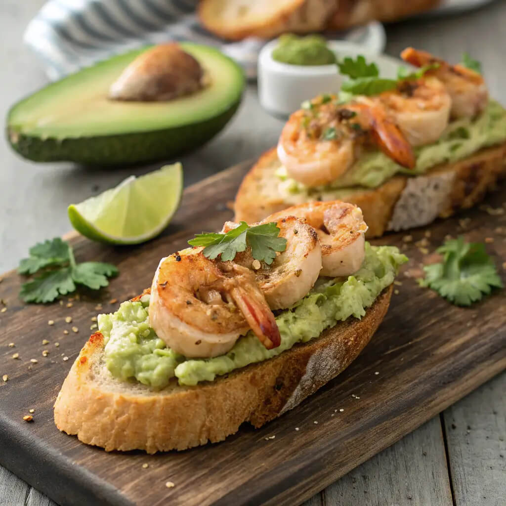 garlic shrimp crostini with avocado