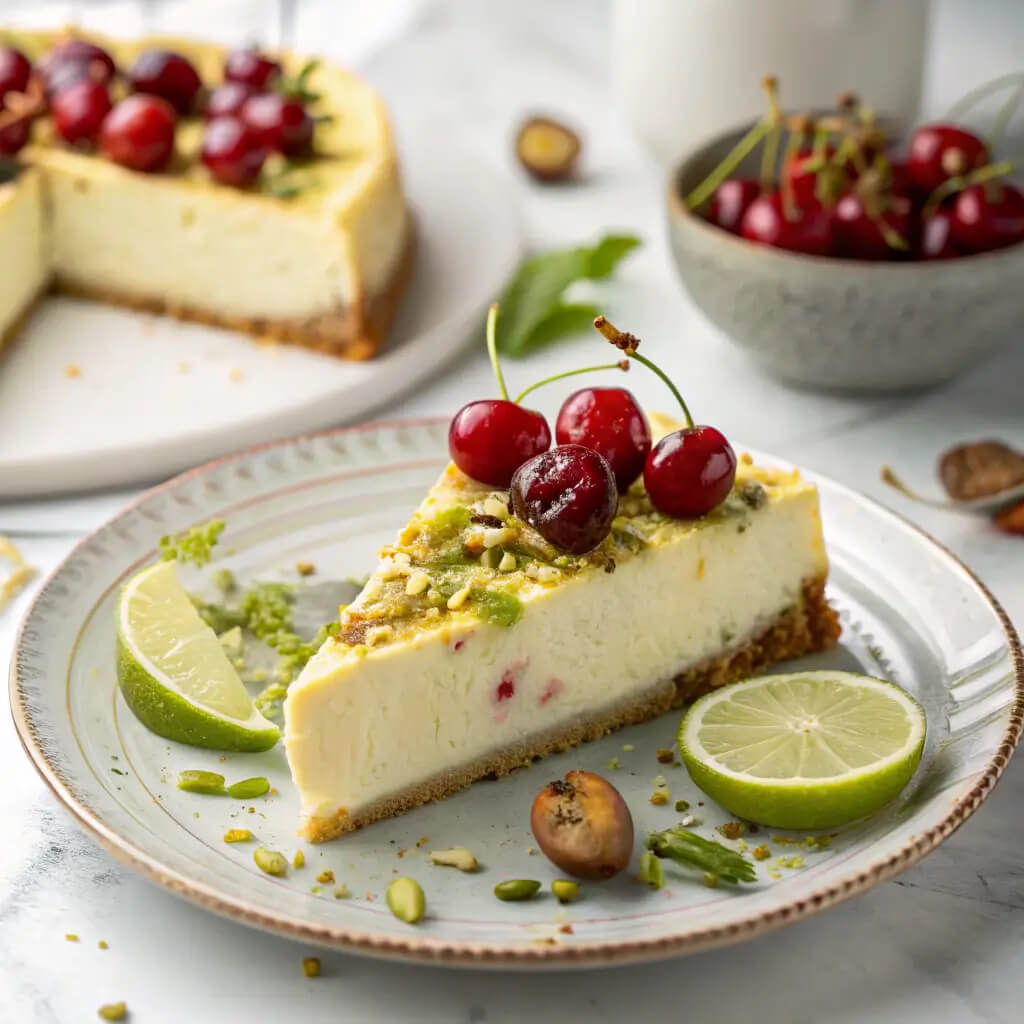lemon lime cherry pistachio cheesecake