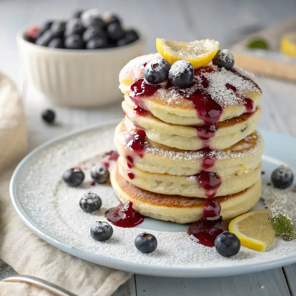 lemon ricotta pancakes with blueberry syrup