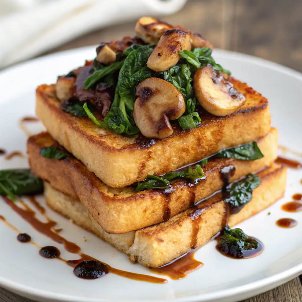 savory french toasts with spinach and mushrooms