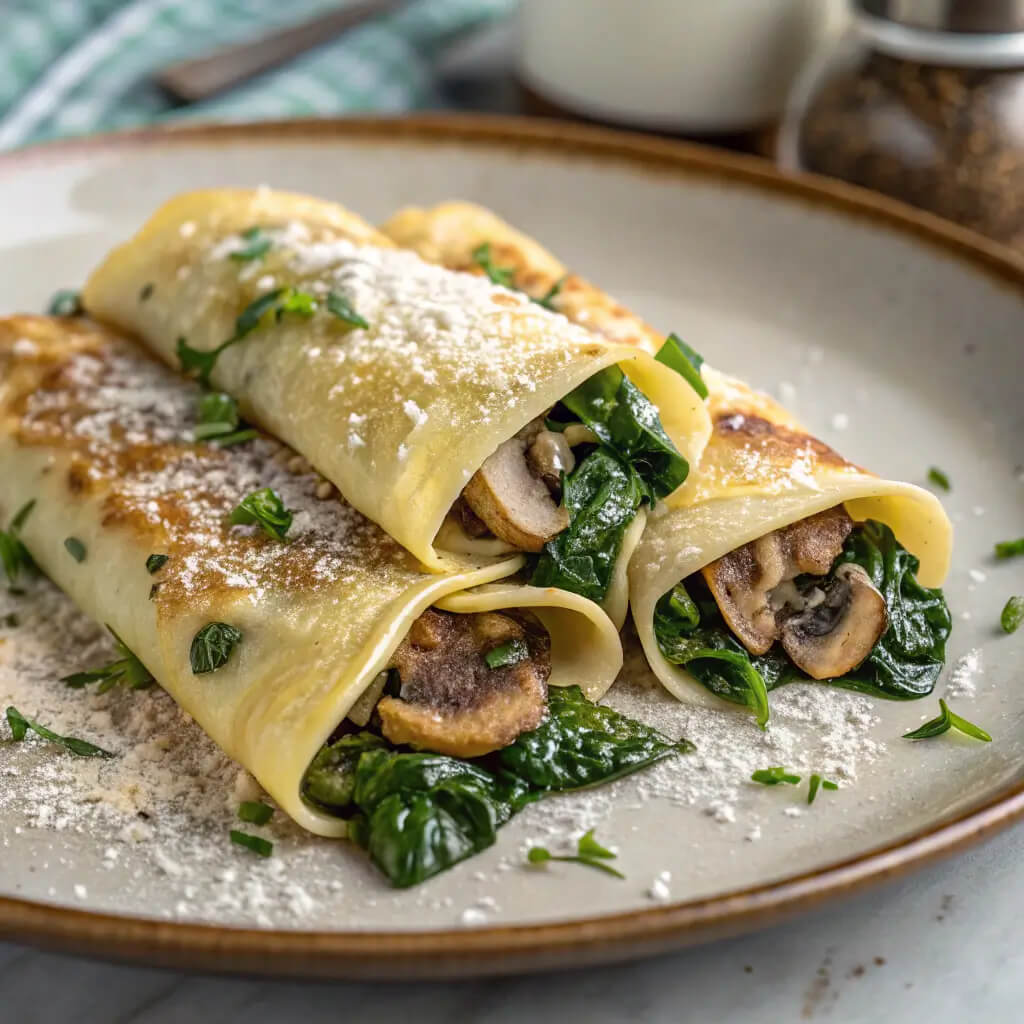 baked crepes with mushrooms and spinach