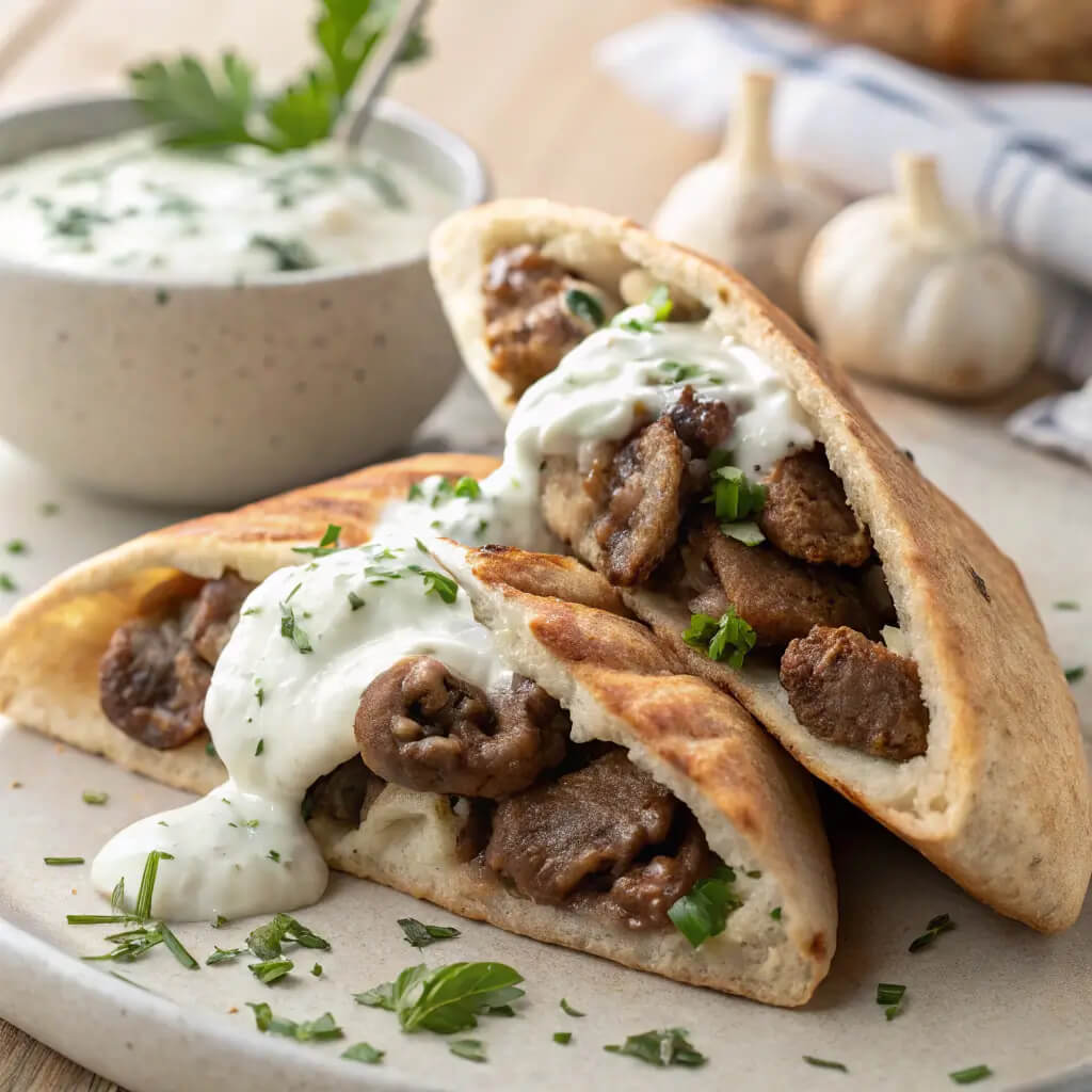 cheesy beef and mushroom pita pockets with tzatziki sauce