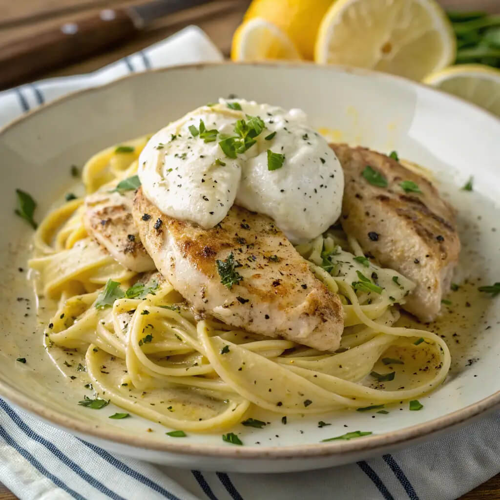 chicken spaghetti with burrata and lemon butter garlic sauce