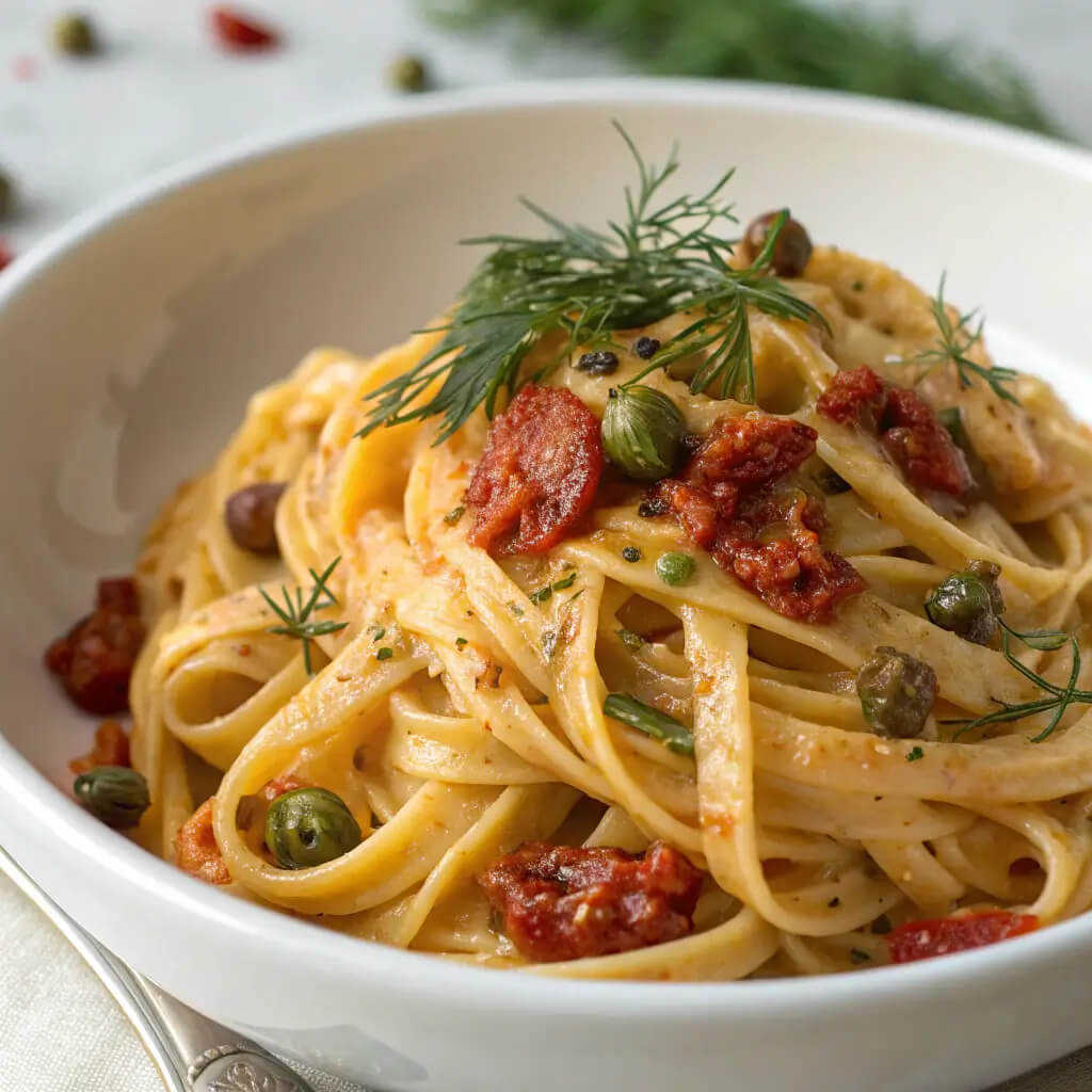 creamy sun dried tomato pasta with capers and dill