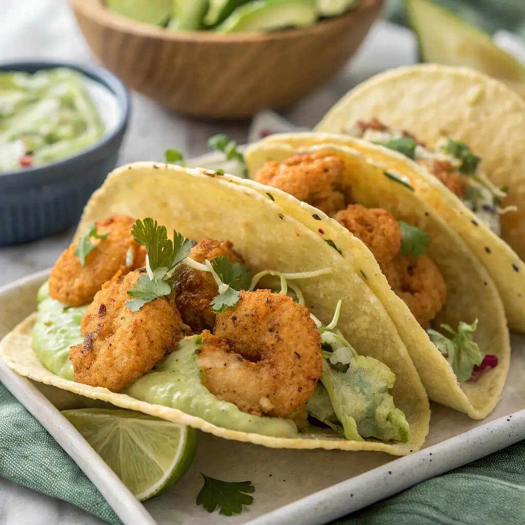 crispy shrimp poblano tacos with avocado cilantro sauce