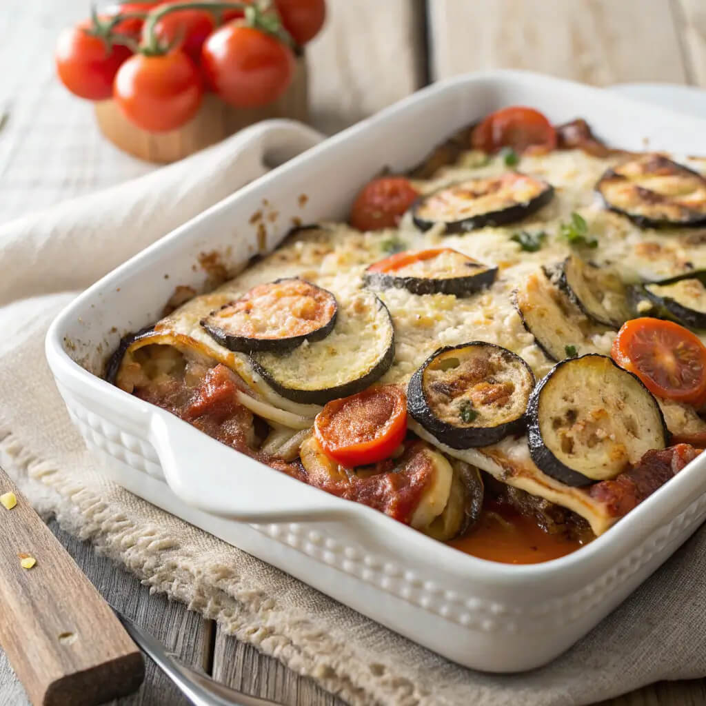 eggplant pasta bake with tomato zucchini