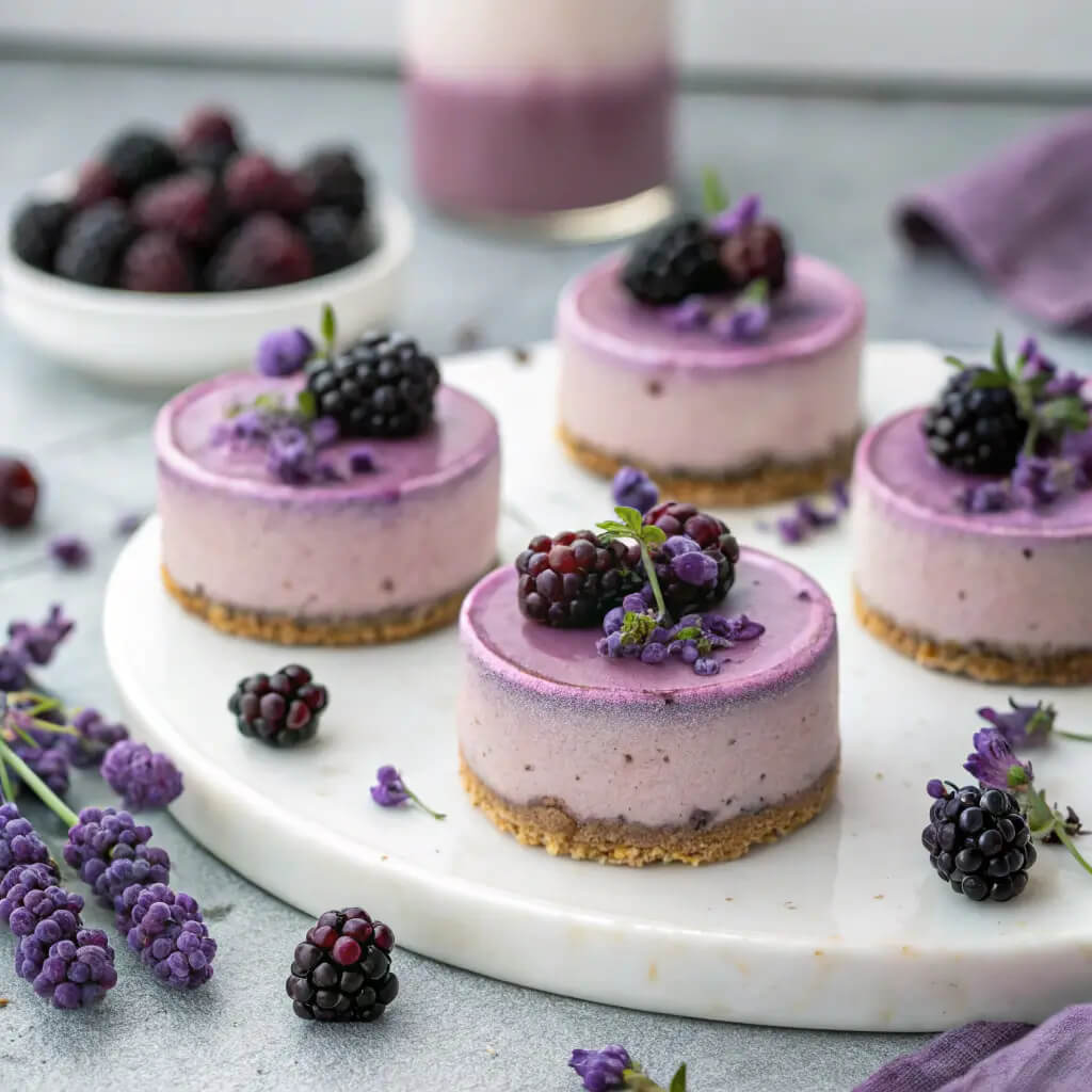 mini blackberry lavender cheesecakes