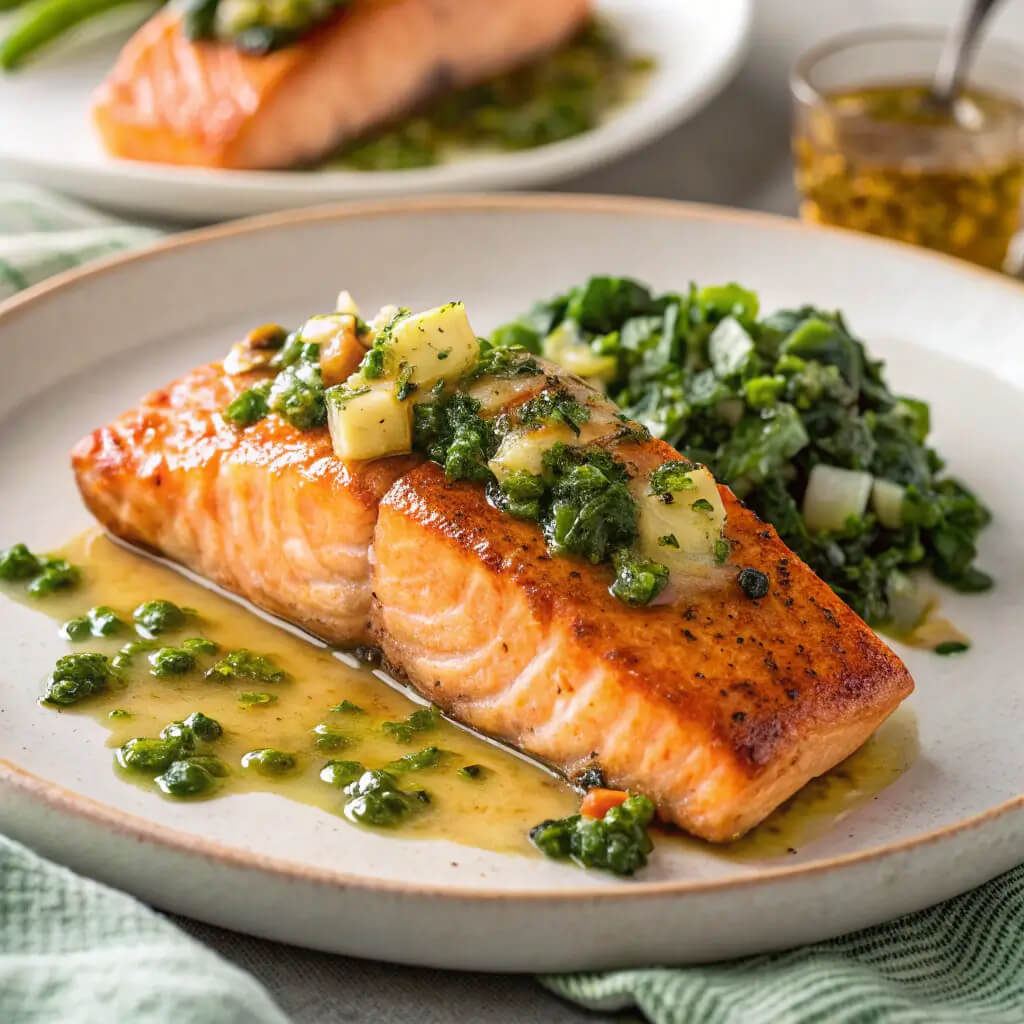 miso butter salmon with sizzled scallion salsa verde