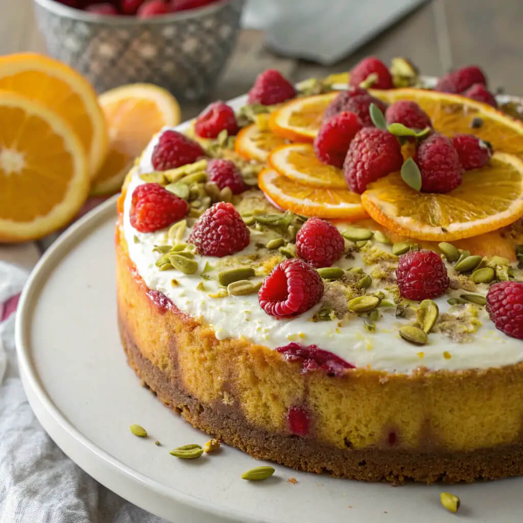 raspberry orange pistachio ricotta cake
