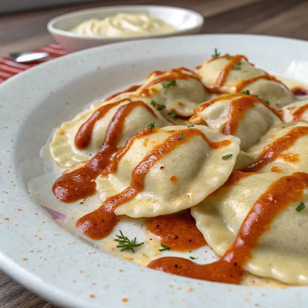 raviolis with creamy harissa sauce