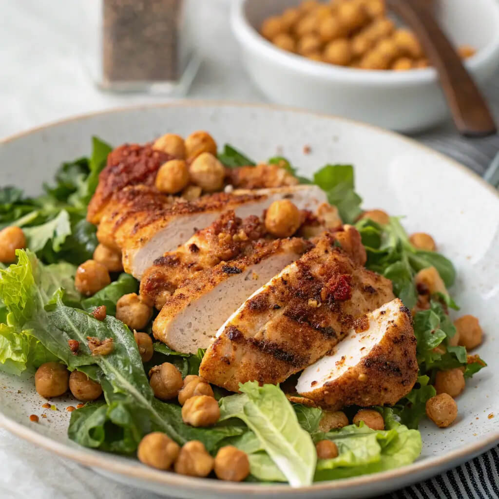 smoky paprika chicken and crispy chickpeas over escarole salad