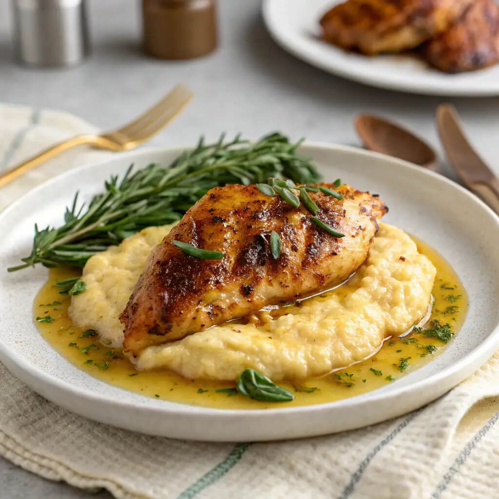 spicy maple mustard chicken with creamy polenta