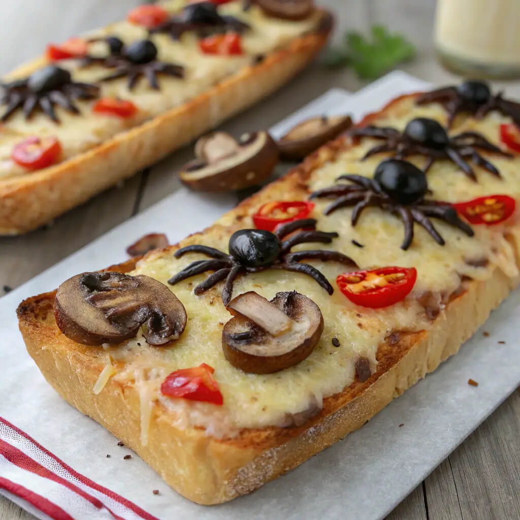 spooky mushroom french bread pizza