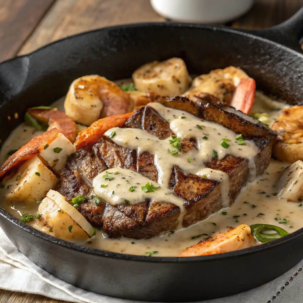 steak and seafood skillet with parmesan cream sauce
